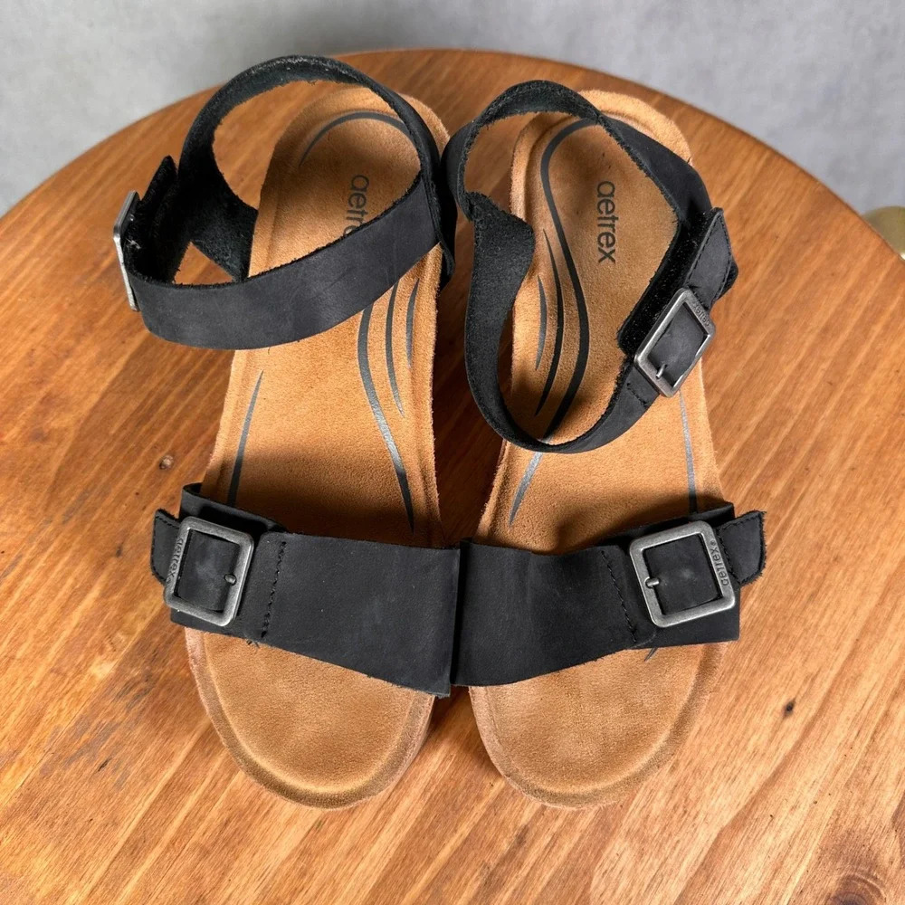 Aetrex Lexa Wedge Sandals Womens 36 Black Good Leather Orthotic Comfort